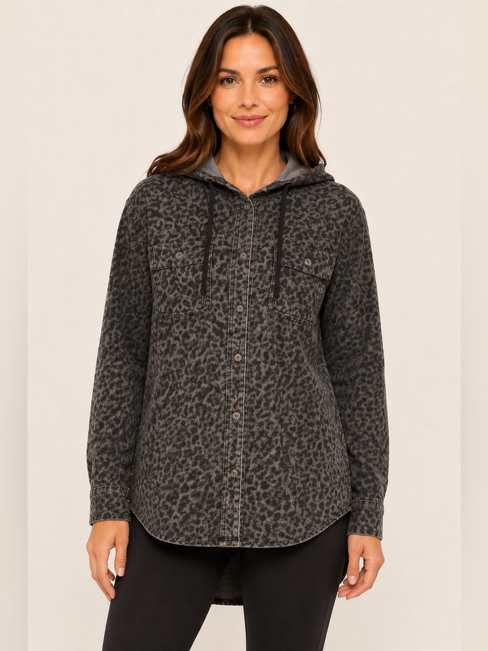 Modern Amusement Gray Leopard Print Hooded Button-Up Shirt Size Large
